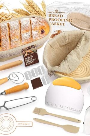 Banneton Bread Proofing Basket, Sourdough Bread Baking Supplies Kit, 10" Oval & 9" Round Banneton Baskets, Sourdough Basket Starter Set with Brush, Oil Can, Dough Whisk, Sling