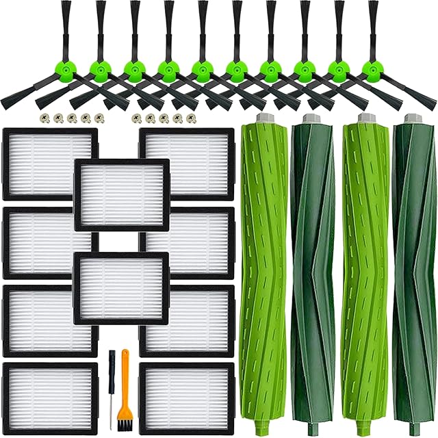 Replacement Parts for iRobot Roomba i3 i3+ i4 i4+ i5 i5+ i7 i7+ i8 i8+ j5 j5+ j7 E5 E6 E7 e, i, and j Series Robot Vacuums Replenishment Kit 2 Set Rubber Brushes,10 Vacuum Filters,10 Side Brushes