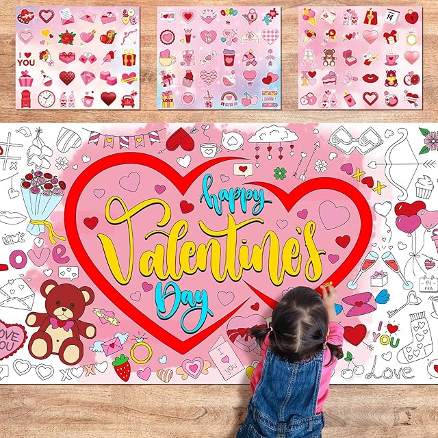 The Valentine's Day Crafts & Games with Stickers, Coloring Poster & Party Table Cloth Decorations for Kids & Classroom Activities