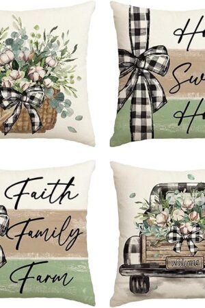 AVOIN colorlife Home Sweet Home Farmhouse Eucalyptus Leaves Throw Pillow Covers, 18 x 18 Inch Truck Stripes Buffalo Plaid Cushion Case Decorations Set of 4