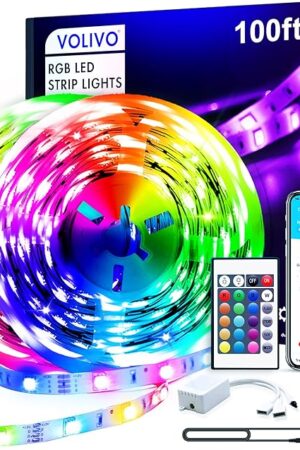 VOLIVO 100ft Led Strip Lights for Bedroom, Color Changing Led Light Strips Kit with 24 Keys IR Remote and Smart App Control, RGB Music Sync Lighting for Room, Home Decor