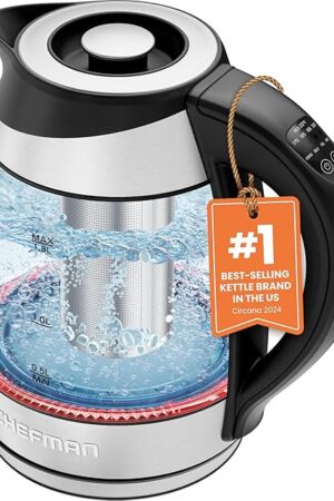 Chefman Electric Kettle with Temperature Control, 5 Presets LED Indicator Lights, Removable Tea Infuser, Glass Tea Kettle & Hot Water Boiler, 360° Swivel Base, BPA Free, Stainless Steel, 1.8 Liters
