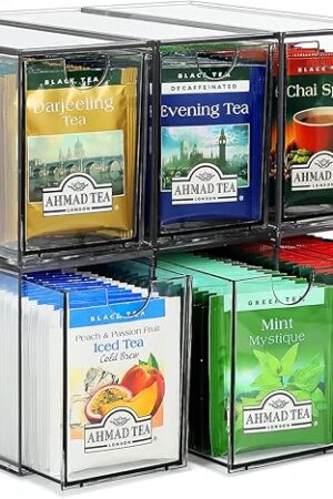 6 Tea Bag Organizer and Storage, Acrylic Tea Bag Holder Organizer, Plastic Tea Drawer Container for Cabinet