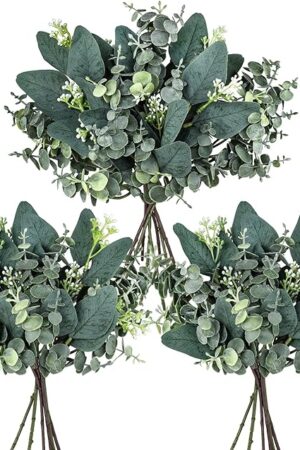 Winlyn 20 Pcs Mixed Artificial Oval Eucalyptus Leaves Bulk with White Seeds Stems and Spray for Vase Floral Wreath Bouquets Wedding Greenery Decoration