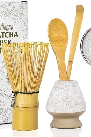 Bamboo Matcha Whisk Set 5pcs, Matcha Whisk, Whisk Holder, Traditional Tea Scoop Chashaku, Tea Spoon, Powder Starter Sifter, Japanese Tea Tools For Ceremony, Basic Matcha Tea Making Kit for Tea Lovers
