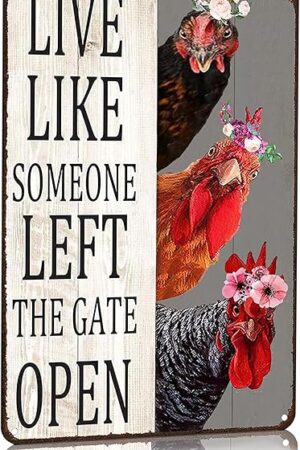 Chiken Gifts Vintage Chicken Decor Sign Live Like Someone Left The Gate Open Tin Sign for Home Chicken Coop Farm Fence Kitchen Bathroom Bedroom Wall Decor 8x12 Inches (3298)