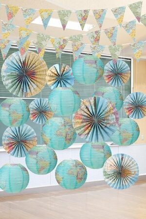 20 Pcs Globe Map Classroom Decorations Travel Party Decors Back to School Hanging Paper Lantern Fans Adventure Awaits Bulletin Board Around The World Party Decorations for Classroom Earth Day Birthday