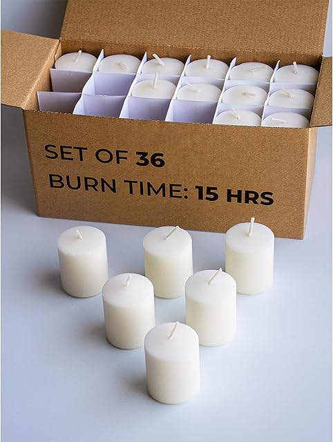CANDWAX 15 Hour Votive Candles Set of 36 - Ivory Wedding or Emergency Candles - 1.5x1.7 inch Unscented Ivory