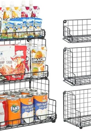 X-cosrack Stackable Wire Basket 3 Tier Countertop& Wall Mounted Metal Storage Basket for Kitchen Pantry Cabinet, Muti-functional Open Front Bin Organizer for Food Fruit Snack, Black