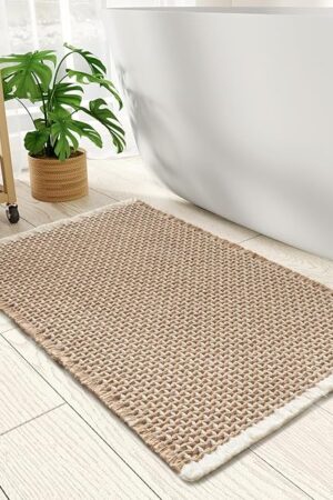 Checkered Bath Mat, Super Absorbent Non Slip Bath Mats for Bathroom Floor 3D Two Tone Woven Bathroom Mat with Tassels Machine Washable Bathroom Rugs Beside Tub, 17" x 24", Brown & Cream