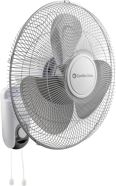 Comfort Zone Oscillating Wall Mount Fan with Adjustable Tilt, 16 inch, 3 Speed, Metal Grille, 90 Degree Oscillation, Airflow 14.07 ft/sec, Ideal for Home, Bedroom, Gym & Office, CZ16W