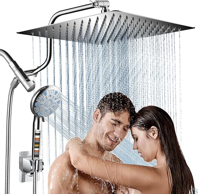 Cobbe 12 Inch All Metal 3-Way Rain Shower Head, High Pressure Shower Head, Dual Shower Heads with Handheld Spray Combo - Upgrade Extension Arm Height Adjustable - 9 Spray Filtered Shower Head, Chrome