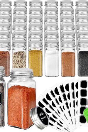 CycleMore 48 Pack 4oz Glass Spice Jars Bottles, Square Spice Containers with Silver Metal Caps and Pour/Sift Shaker Lid-80pcs Black Labels,1pcs Silicone Collapsible Funnel and 2pcs Brush Included