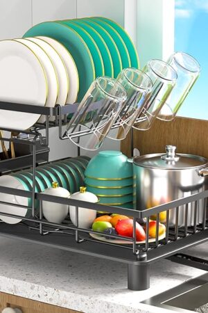 Dish Drying Rack, 2 Tier Dish Racks for Kitchen Counter, Detachable Drying Rack with Drain, Compact Dish Drainer with Drainboard,Utensil Holder,Cup Holder for Small Space, Black