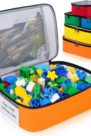 5 Pack Toy Storage Bags Compatible with LEGO Bricks, Portable Carrying Case for LEGO Easy Organizer, Puzzles Blocks Containers& Board Game Bins with Name Tag, Manual Pocket, Visible Top& Handle