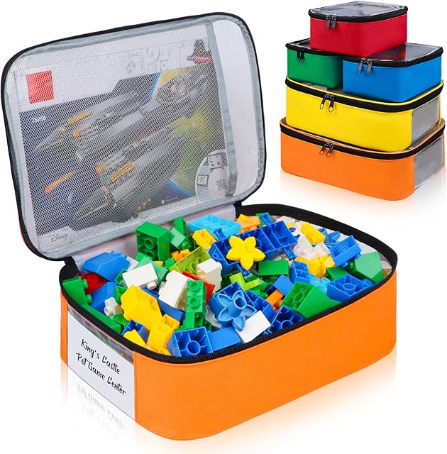 5 Pack Toy Storage Bags Compatible with LEGO Bricks, Portable Carrying Case for LEGO Easy Organizer, Puzzles Blocks Containers& Board Game Bins with Name Tag, Manual Pocket, Visible Top& Handle