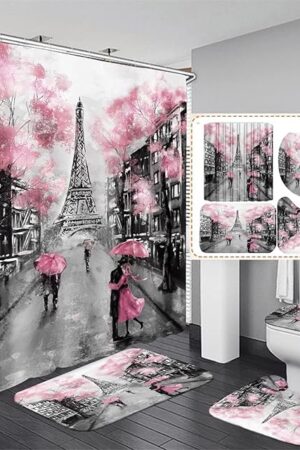 Chrainy 4Pcs Paris Eiffel Tower Pink Shower Curtain Sets Bathroom Set Decor with Non-Slip Rugs Bath U-Shaped Mat Toilet Lid Cover Waterproof Valentine Bathroom Curtains Shower Set with 12 Hooks