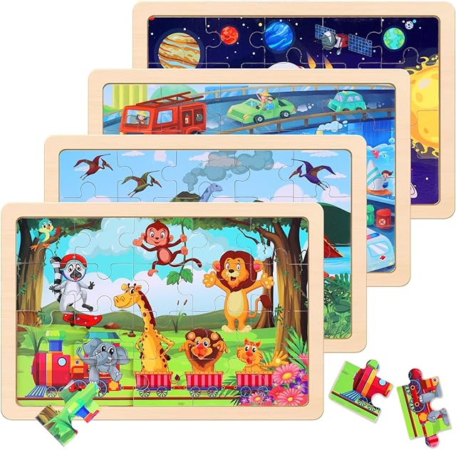 The Wooden Educational Jigsaw Puzzles for Preschool Kids Ages 3-5, 4-Pack with 20 Pieces Dinosaur, Space, Transportation Wood Puzzles Set, Toddler Brain Teaser Toys, Gifts for Boys Girls Ages 3 4 5 6