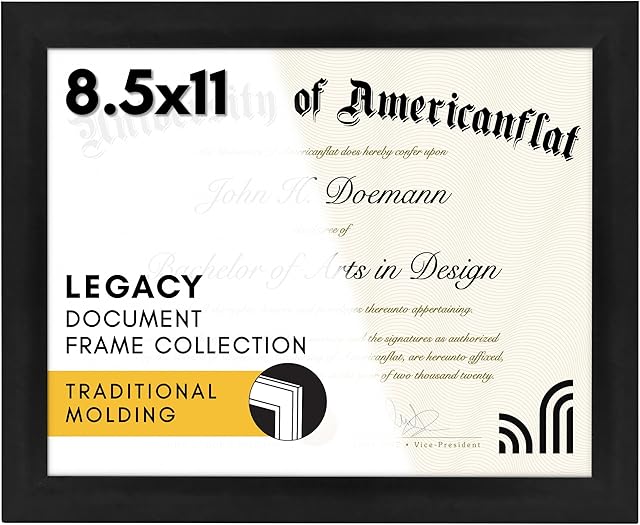 Americanflat 8.5x11 Diploma Frame with Shatter-Resistant Glass - Document Frames with Engineered Wood - Legacy Collection - Certificate Frame for Tabletop and Wall Display - Black