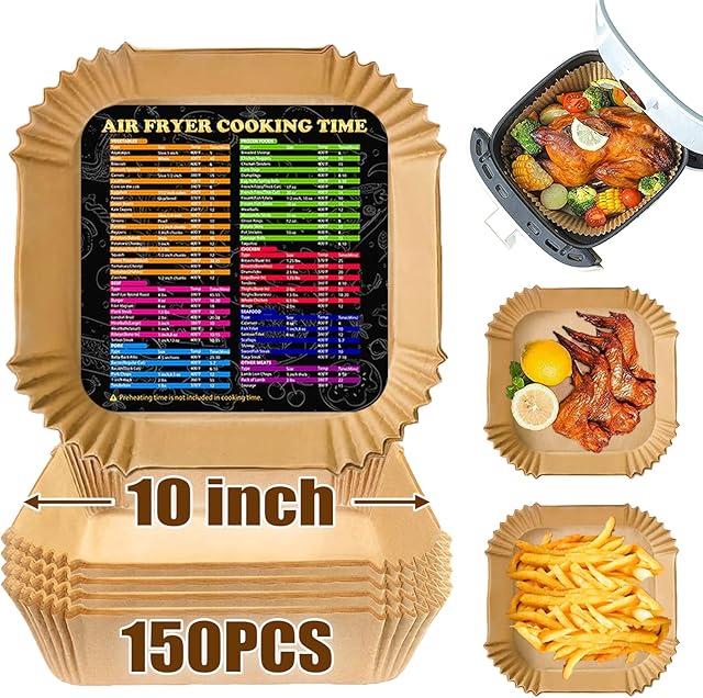 Air Fryer Disposable Paper Liners Square 10 Inch, 150PCS Large Air Fryer Parchment Paper Liners, Non-stick Baking Paper Oil Resistant, Waterproof for Baking Roasting Microwave