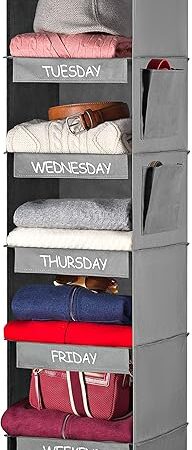 Weekly Clothes Organizer for Kids - 6-Shelf - Hanging Closet Daily Clothing Organization Labeled Shelves with Days of The Week Monday Through Friday, Weekday and Weekend (Grey)