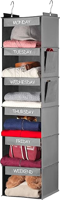 Weekly Clothes Organizer for Kids - 6-Shelf - Hanging Closet Daily Clothing Organization Labeled Shelves with Days of The Week Monday Through Friday, Weekday and Weekend (Grey)