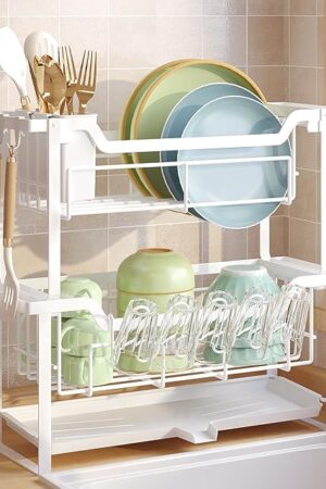 Dish Rack with Drainboard, Organizes Dishes and Bathroom Items for Narrow Spaces, Two-Story Drying Rack Fits 12 Plates 12 Bows 5 Glasses 4 Hooks and Some Cutlery, White