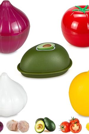 Vegetable and Fruit Storage Containers for Refrigerator, Lemon Tomato Garlic Avocado and Onion Storage, Food Storage Containers with Lids, Pack of 5