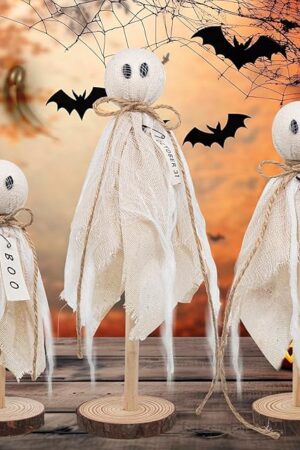 Wooden Ghost Halloween Decorations Indoor– Set of 3 Sizes Rustic Shelf Sitters with Fabric Ghost Figures – Halloween Table Decor for Tiered Tray, Mantel, Halloween Party Supplies（White）