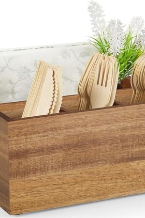 DRASTAR Utensil Caddy, Silverware Caddy for Party, Acacia Wood Silverware Holder, Silverware Organizer Countertop, Cutlery Storage Containers for Kitchen Table
