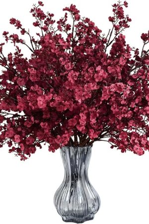Waipfaru 6Pcs Fake Flowers Babys Breath Silk Artificial Flowers Gypsophila Bouquets Bulk Real Touch Fall Stems for Fall Thanksgiving Autumn DIY Floral Arrangement Table Centerpieces, Wine Red