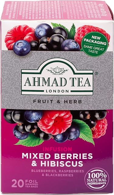 Ahmad Tea Herbal Tea, Mixed Berries & Hibiscus Teabags, 20 ct (Pack of 1) - Decaffeinated & Sugar-Free