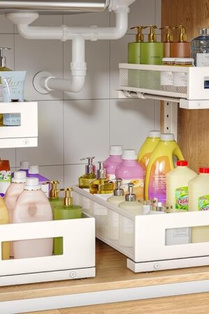 2-Pack Under Sink Storage Organizer, Large 2-Tier Elegant Mesh Pull Out Shelf for Kitchen and Bathroom Cabinet Organization, L-Shaped and Adjustable Height Design for Maximum Space Efficiency-White