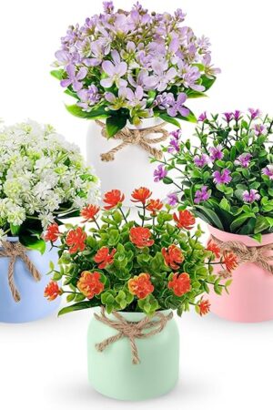Der Rose 4 Pack Fake Flowers Small Artificial Faux Plants Indoor Summer Spring Decor for Centerpiece Table Decorations Home Office Desk Wedding Apartment Decor