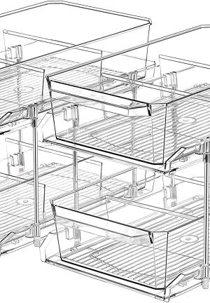 2 Set, 2 Tier Clear Organizer with Dividers for Cabinet, Shlef, Counter - MultiUse Slide-Out Storage Container - Kitchen, Pantry, Medicine Cupboard Bins, Bathroom, Vanity Makeup, Under Sink Organizing