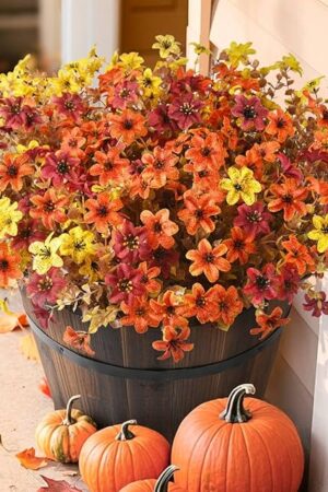 Artificial Mums Fake Fall Flowers for Outdoors Decoration, 12 Bundles Realistic Autumn Silk Daisy Faux Plants UV Resistant Decor for Home Garden Porch Patio Yard Balcony Window (Yellow Brown Orange)