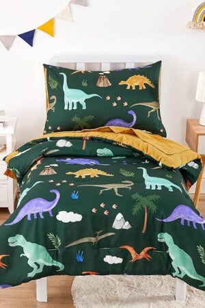 Wake In Cloud - Toddler Bedding Set for Boys, 4 Pieces Soft Crib Bed Set Including Comforter, Fitted Sheet, Flat Top Sheet and Pillowcase, Colorful Jurassic Dinosaur Volcano, Dark Green