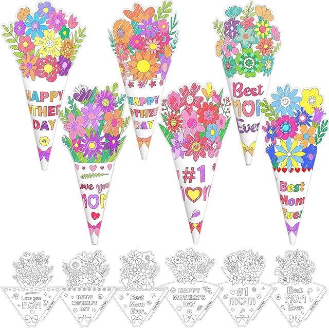 The Fancy Land 24 Pcs Mothers Day Crafts for Kids Classroom Color Your Own Bouquet DIY Coloring Craft Kits Activities Mother’s Day Gifts