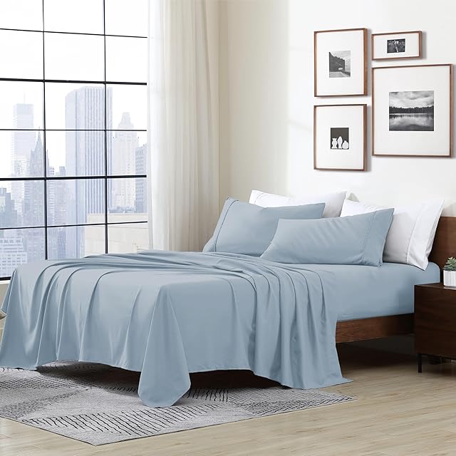 Cathay Home Essentials Microfiber Bedding Sheet Set Blue Fog Queen