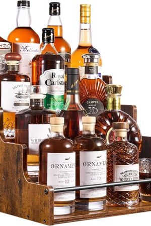 4-Tier Liquor Bottle Display Shelf, Holds up to 16 Bottles, Extra Large Rustic Bar Shelves for The Home Bar, Countertop Whiskey Organizer with Handles