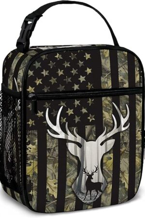 Camo American Flag Hunting Tactical Deer Lunch Bag for Kids Boys Reusable Insulated Lunch Box Portable Tote Bag for Men Women School Office Picnic Camping (Black, 10x4x8 Inch)