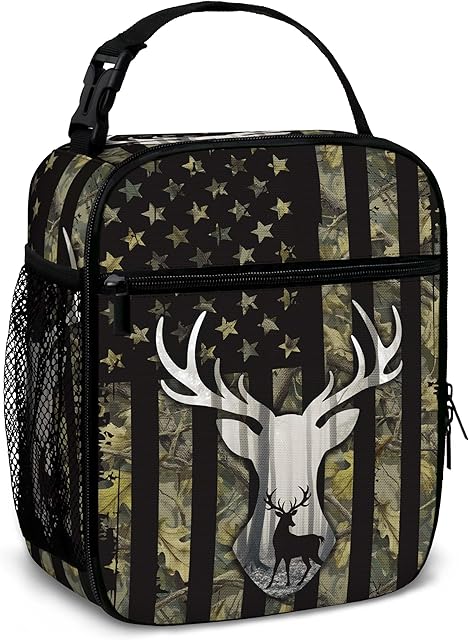 Camo American Flag Hunting Tactical Deer Lunch Bag for Kids Boys Reusable Insulated Lunch Box Portable Tote Bag for Men Women School Office Picnic Camping (Black, 10x4x8 Inch)