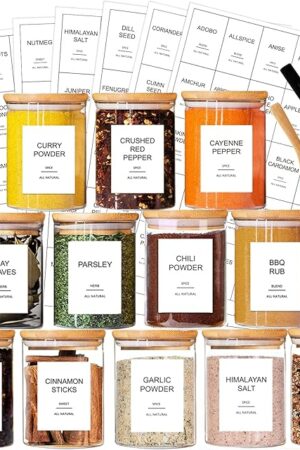 12 Pcs Glass Spice Jars with Bamboo Airtight Lids and 191 Labels - 8.5oz Small Food Storage Containers for Kitchen, Seasoning, Coffee, Herb - Spoon and Marker Included