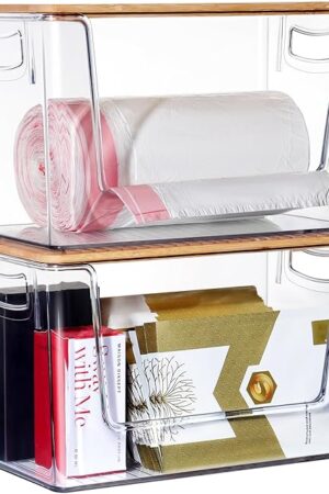 2 Pack Trash Bag Holder Dispenser, Extra Large Garbage Bags Holder, Stackable Trash Bag Holder with Bamboo Top for Laundry Room & Under Sink