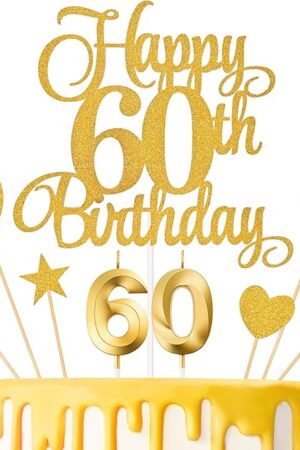 60th Birthday Cake Toppers, 60th Birthday Candles Numeral Candles and Glitter Cake Decorations Toppers Set for Party Supplies (Gold)