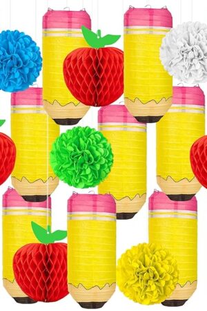 20Pcs Pencil Hanging Paper Lanterns Welcome Back to School Classroom Apple-Shaped Honeycomb Paper Balls Decorations for First Day of School Party Supplies Decor