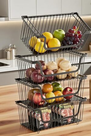 4 Pcs Stackable Wire Baskets for Pantry Organizers and Storage,Vegetable Fruit Basket for Countertop,Kitchen Storage Metal Baskets,Produce Potato Onion Storage Bin,Black