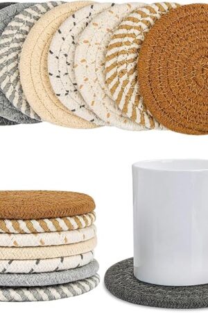 8 PCS Coasters for Drinks - MAQIHAN Woven Absorbent Coaster Set of 8 Colors 4.3 Inch for Boho Home Decor Coffee Table Farmhouse Kitchen Tabletop Protection Ideal Housewarming Gift