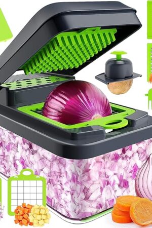 12-in-1 Vegetable Chopper, 7 Blade Veggie Chopper, Practical Food Chopper with Container, Cheese Grater, Home Essentials & Kitchen Gadgets(Green/Grey)