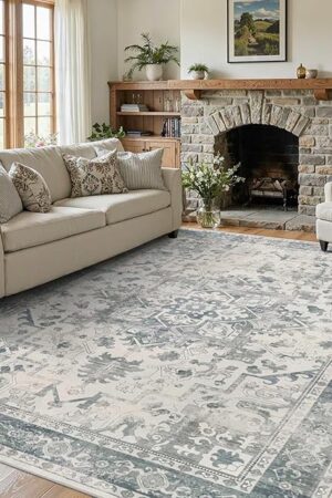 Area Rugs 5x7, Washable Rugs for Living Room, Vintage Boho Light Blue Rug for Office, Dining Room, Kids Room and Farmhouse, Durable Low Pile Non-Slip Area Rug for High Traffic Areas